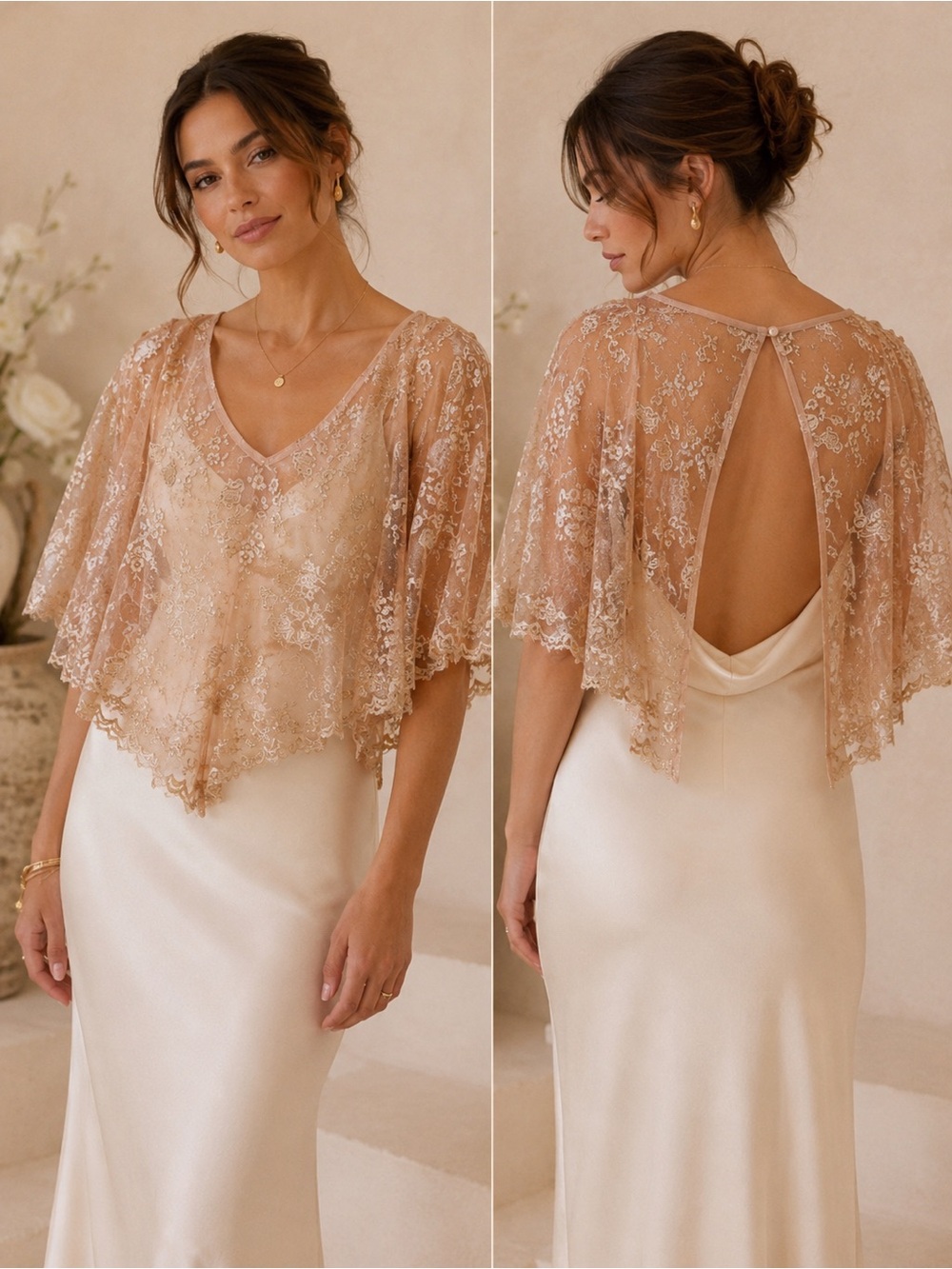 NWT Delicate Lace Capelet Wrap in Champagne Peach By Tulip B Coverup Shawl